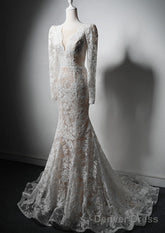 Ivory Lace Mermaid Long Sleeves Formal Dress, Lace Wedding Party Dress